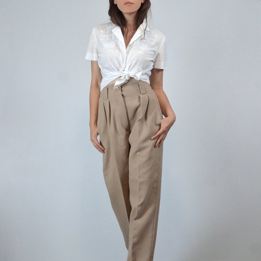 Beige Pleated Trousers, Cinched Waist Pants, sz XS to S